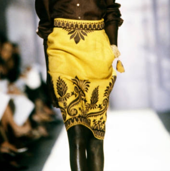 $2500 OSCAR DE LA RENTA EXQUIS SILK LINEN MARIGOLD RUNWAY SKIRT US M